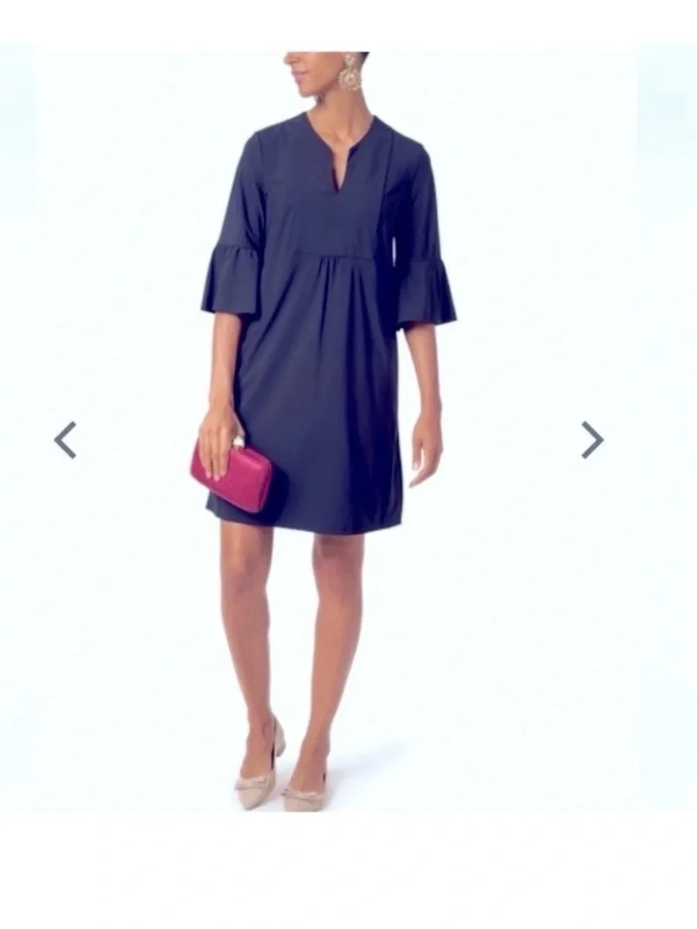 Jude Connally Kerry dress navy blue bell sleeves ruffles V-neckline Resortwear